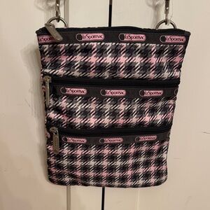 LeSportsac Pink and Black Houndstooth Crossbody Bag